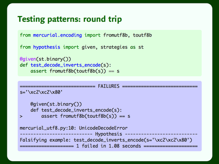 Code and a bulleted list, and output from a failing test: “Testing patterns: simple fuzzing”.