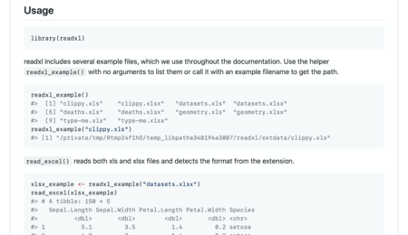 Screenshot of the README for readxl, with a heading 'Usage' and some examples.