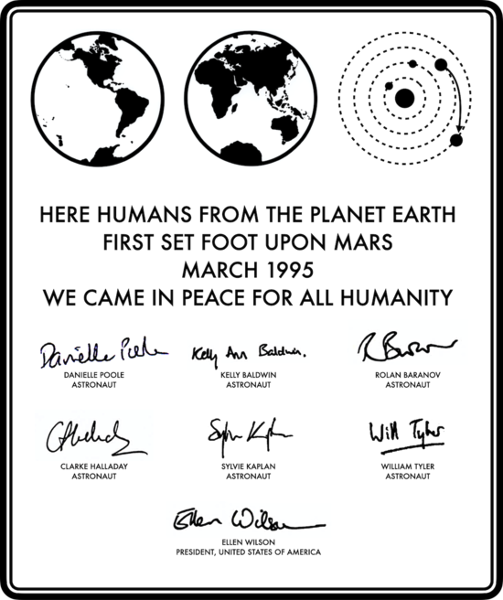 A black and white graphic. At the top are two hemispheres of the Earth, and an illustration of planetary orbits. The illustration has four concentric, dashed rings with small black circles on them (representing Mercury, Venus, Earth, and Mars), with a large black circle in the centre (representing the Sun). There's an arrow pointing from Earth to Mars. Below the diagrams is the inscription ‘Here humans from the planet Earth first set foot upon Mars. March 1995. We came in peace for all humanity.’ Below that are the names and signatures of the six astronauts, plus the US president.