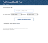 A web page with a blue header titled 'Find Untagged Tumblr Posts', a large text box for somebody to put in a URL, and a large blue button labelled 'Get my untagged posts!'.