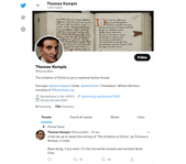 The Twitter page for KempisBot, with a header image showing an old manuscript with handwritten pages and the profile image an illustration of Thomas Kempis.