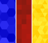 Three wallpapers. From left-to-right: blue hexagons, red squares, yellow triangles. Each wallpaper has tiling shapes in slightly different shades of the main colour.