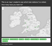 A greyscale map of the UK and Ireland with green dots overlaid at various points, representing the position of railway stations.